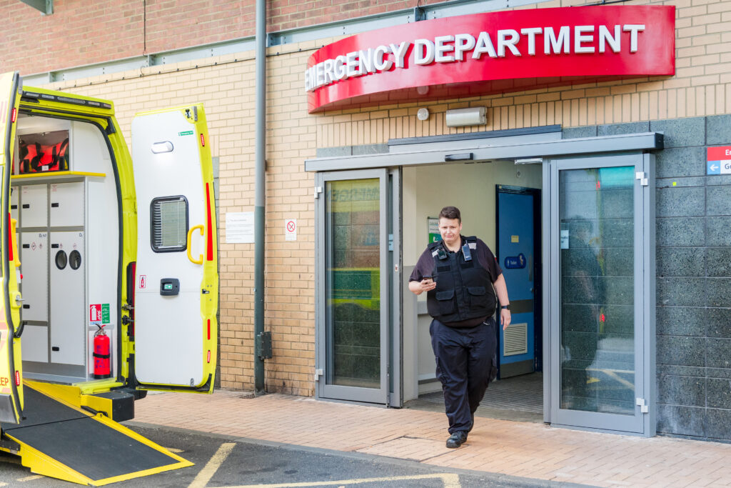 Picture of a Security Officer walking out of the Emergency Department